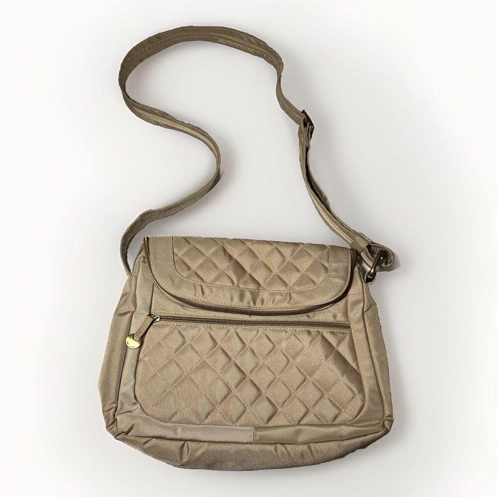 TRAVELON CLASSIC CROSSBODY ANTI-THEFT BAG Shoulder Bag QUILTED BEIGE Pockets Zip